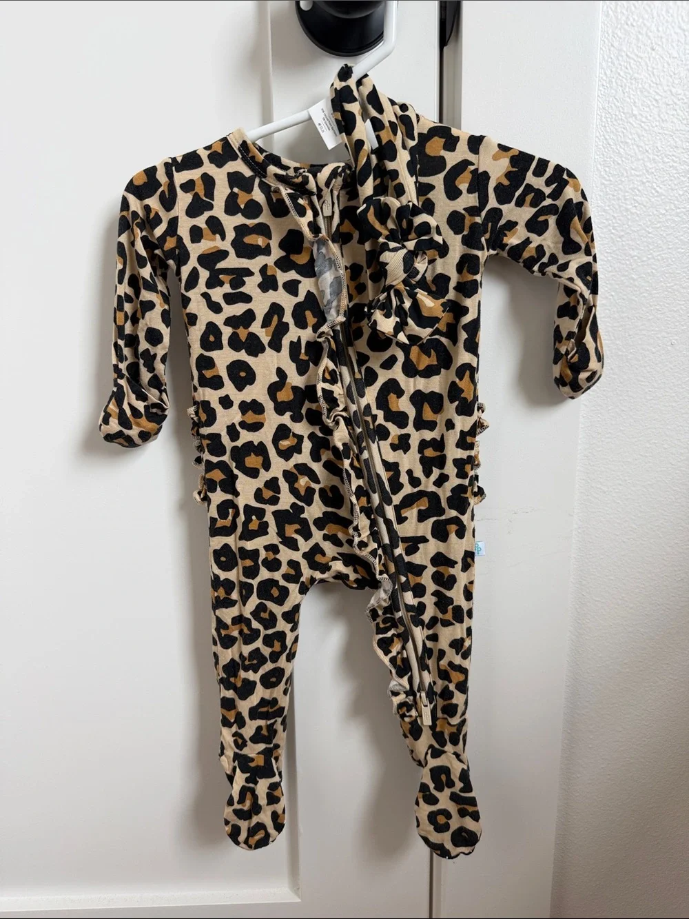 Posh Peanut Leopard Print Footed One-Piece Romper - Tan & Black with Handband